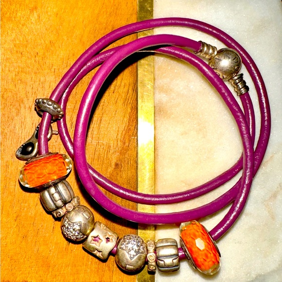 Pandora Purple Leather Bracelet w/ Pandora charms - Picture 1 of 1